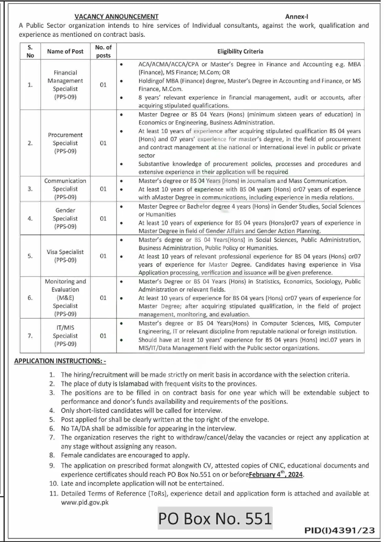 Public Sector Organization Jobs 2024 in Islamabad